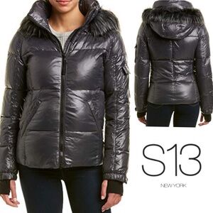 S13 Kylie Jet 1 Puffer Jacket XS Dark Charcoal Glossy Shiny Down Hooded Fur Trim